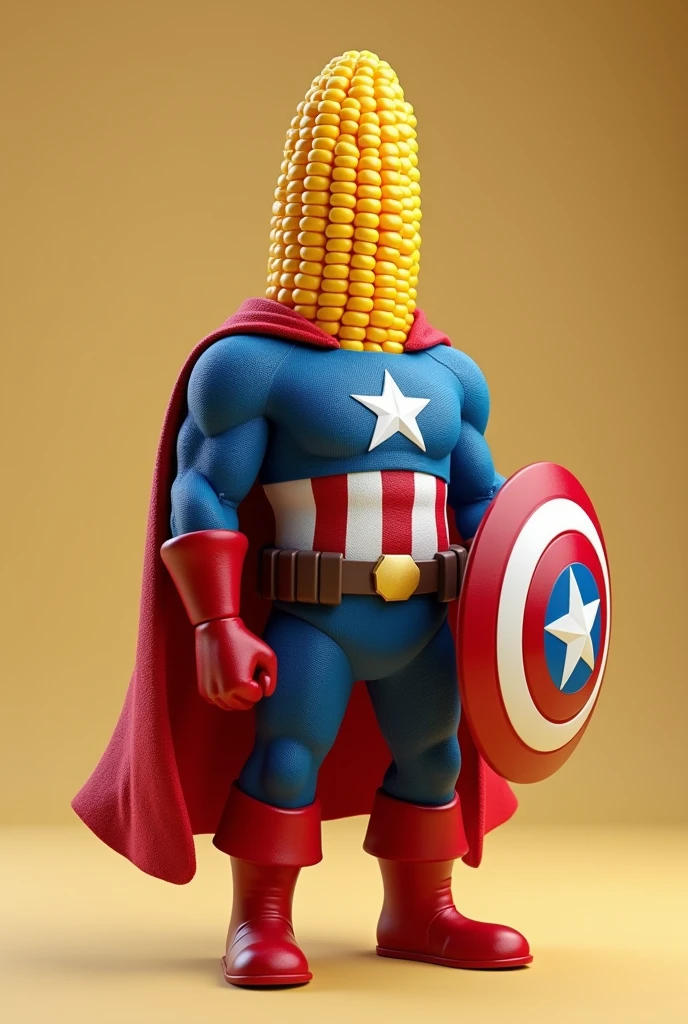 I want an image of a corn superhero dressed but with a corn body and that is a small avatar like Captain America, the same one but with the shield, that this strong another image