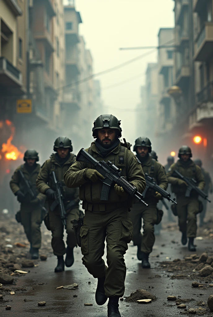 An image based on a photo of a group of soldiers in a city at war
