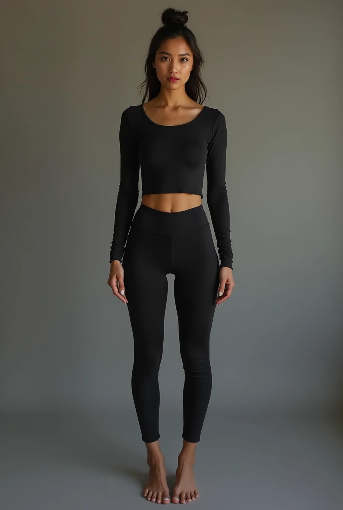 A full body photo of a skinny girl, flashing, (:1.1),
Pilates pants and fitted long-sleeve top, Dame, Short, Narrow Hips, Square Face, Dark Skin, short Hair, dark brown Eyes, Straight Nose, Thick Lips, Sharp Chin, Shoulder-Length Hair, Thick Hair, Bun, full breasts, , rose gloss lipstick,
Masterpiece, hi res, 8k, award winning, RAW photo, high quality, 35mm photograph, film grain, bokeh, professional, highly detailed, 