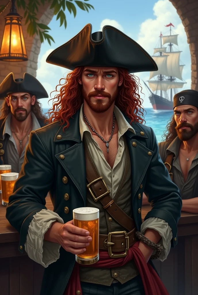 A young pirate, full body DnD style. A young pirate in his thirties, with long, curly dark red hair, a light beard with a short goatee and a dark red moustache, and dark green eyes. He wears a dark pirate trench coat with a light unbuttoned shirt and a damaged vest., on his head an old small damaged black leather hat. Around his waist he wears a sash with a belt and two pirate cutlasses on top.. He is having fun drinking with a dreamy look together with other young sailors in the pub while in the background there are various ships of a pirate port.