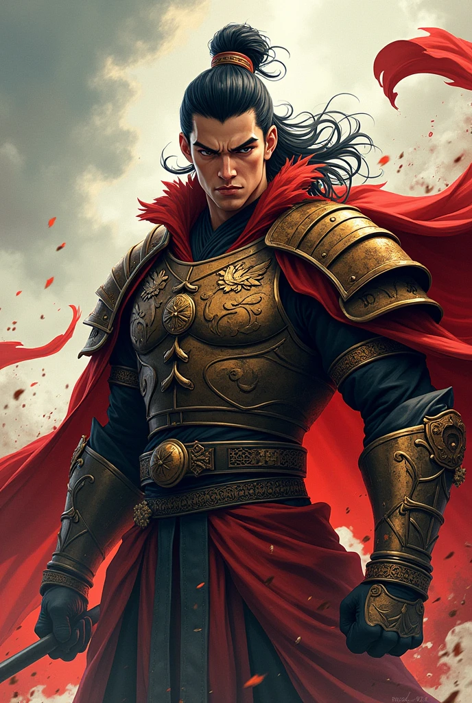Create an image of a fierce warrior depicted in baki anime style. The warrior should have a determined expression, with sharp, intense eyes and a strong, confident pose. Outfit the warrior in detailed, traditional armor, including a flowing cape and ornate, battle-worn details. The color palette should feature bold, vibrant colors with high contrast, and the background can include dramatic action lines or effects to emphasize the warrior's energy and strength.