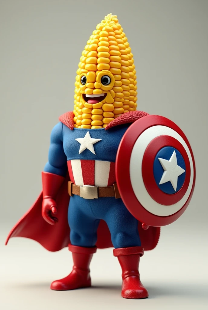 I want an image of a corn superhero dressed but with a corn body and that is a small avatar like Captain America, the same one but with the shield, that this strong another image