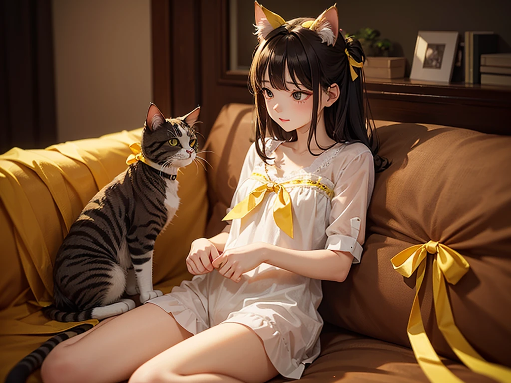 Cat with yellow ribbon