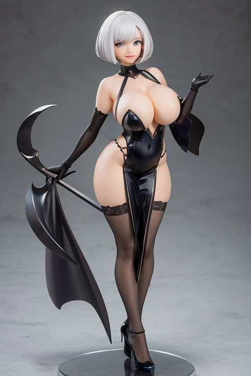 Figure, Witch, sexy pose, big breasts, curvy, smile, white bob haircut, sexy dress