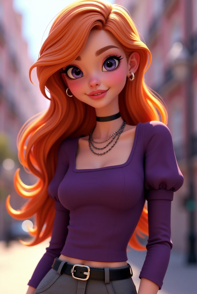 Vanessa is a very beautiful fifteen-year-old girl with snow-white skin, She has long, wavy, bright light orange hair that is usually styled half up with two strands falling down her beautiful face.,She has almond-shaped eyes, a light lilac purple color., her face is heart-shaped and she has a small nose and salmon pink lips, She wears a dark purple tight-fitting long-sleeved shirt with puffed arms and a square cut at the top of the chest but without being low-cut, in addition to wearing three necklaces., He is wearing smart grey trousers with a thin black leather belt and black ankle boots..((3D style)) ((Style Miraculous ladybug)).