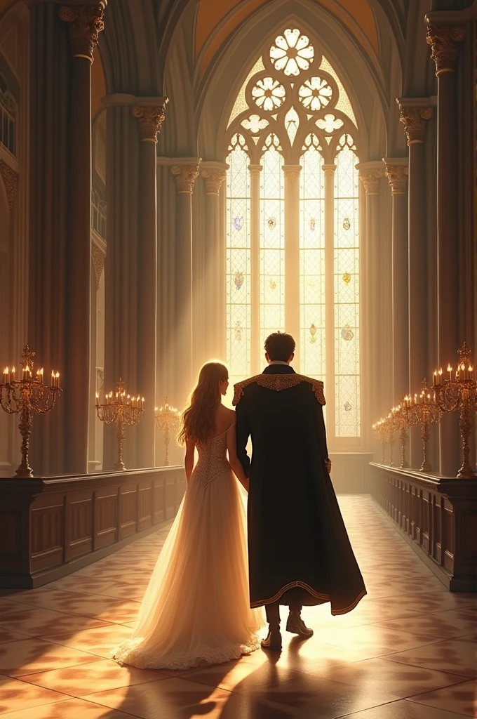Black prince and blonde princess walking in the cathedral