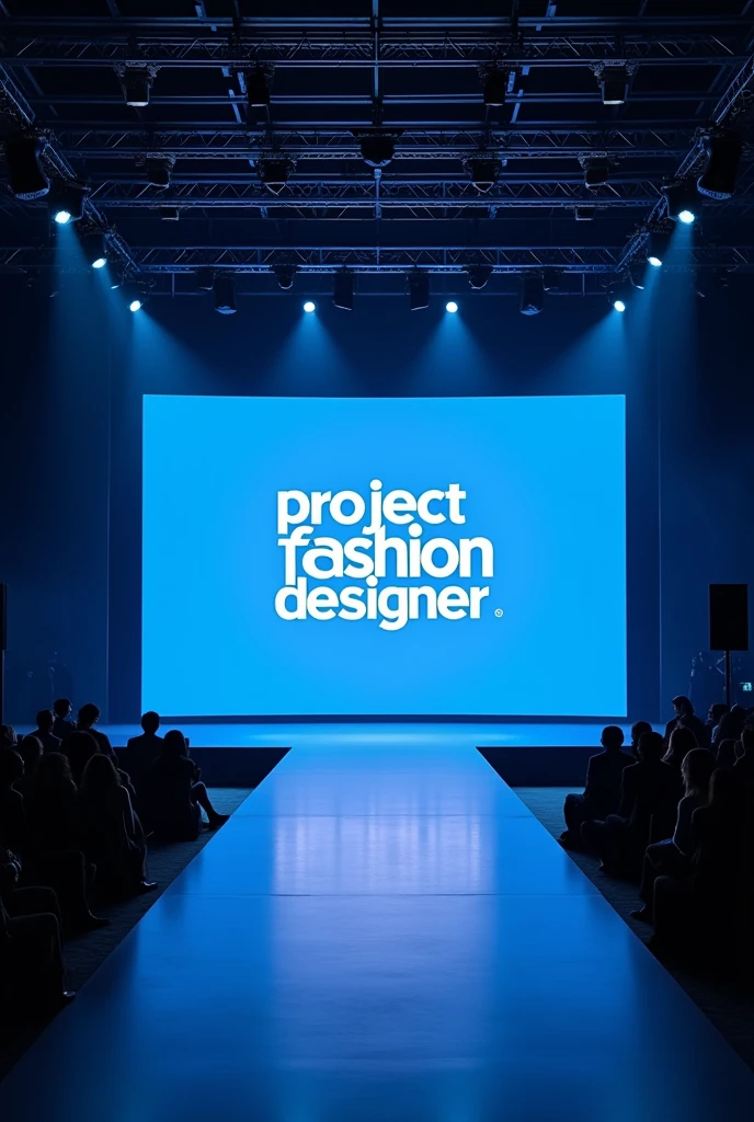 stage catwalk with a screen with the words “Project Fashion Designer” in 3D authentic dark blue . The stage has a modern, luxurious, trendy feel. There are lights and flash