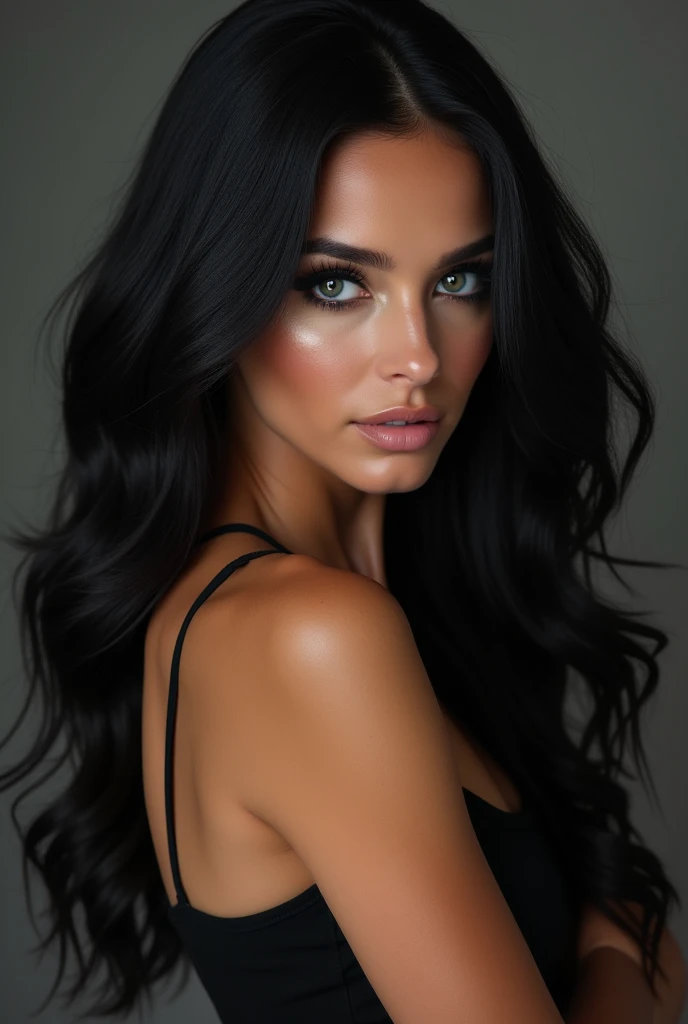 beautiful European 20-year-old woman, (confident look: 1.1), slim athletic body, long black wavy hair, realistic, highly detailed eyes , seductive pose , black eyeshadow, dark makeup, fashionable artstation, Extremely detailed, fine details, complex, detailed facial features, sharp focus, smooth, aesthetic photorealistic