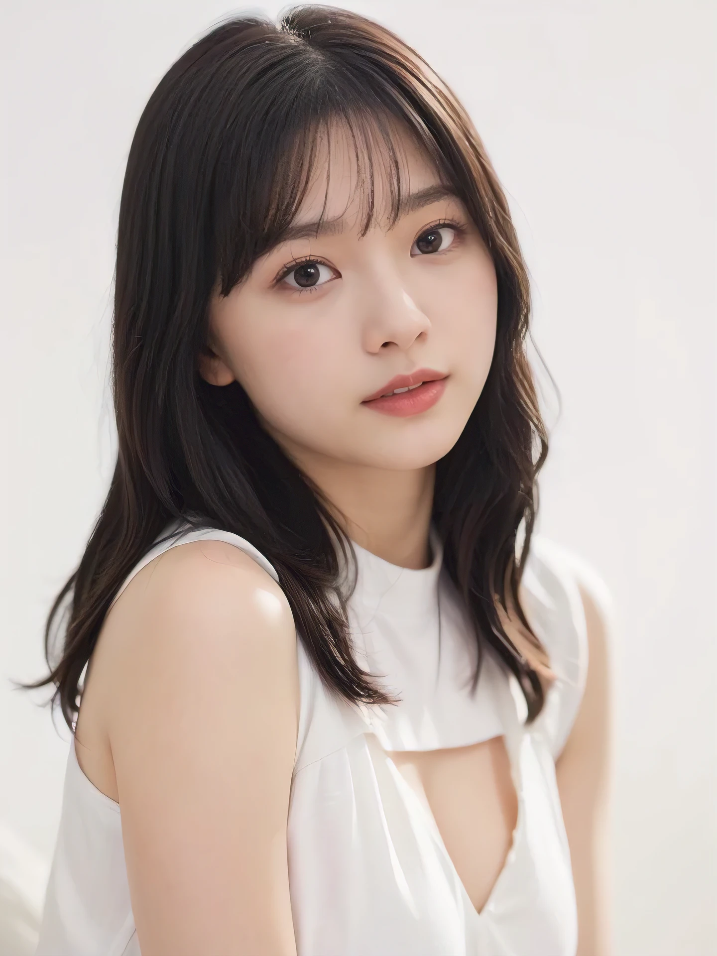 1girl, 25years old woman, cute face, Small breasts, medium breasts, large breasts, beautiful face, (perfectly detailed face), ((looking at viewer)), Simple Background, ((white background)), ((white wallpaper)), White skin, (bright lighting:1.2), perfect lighting, photorealistic, (bokeh), UHD, anatomically correct, highres
