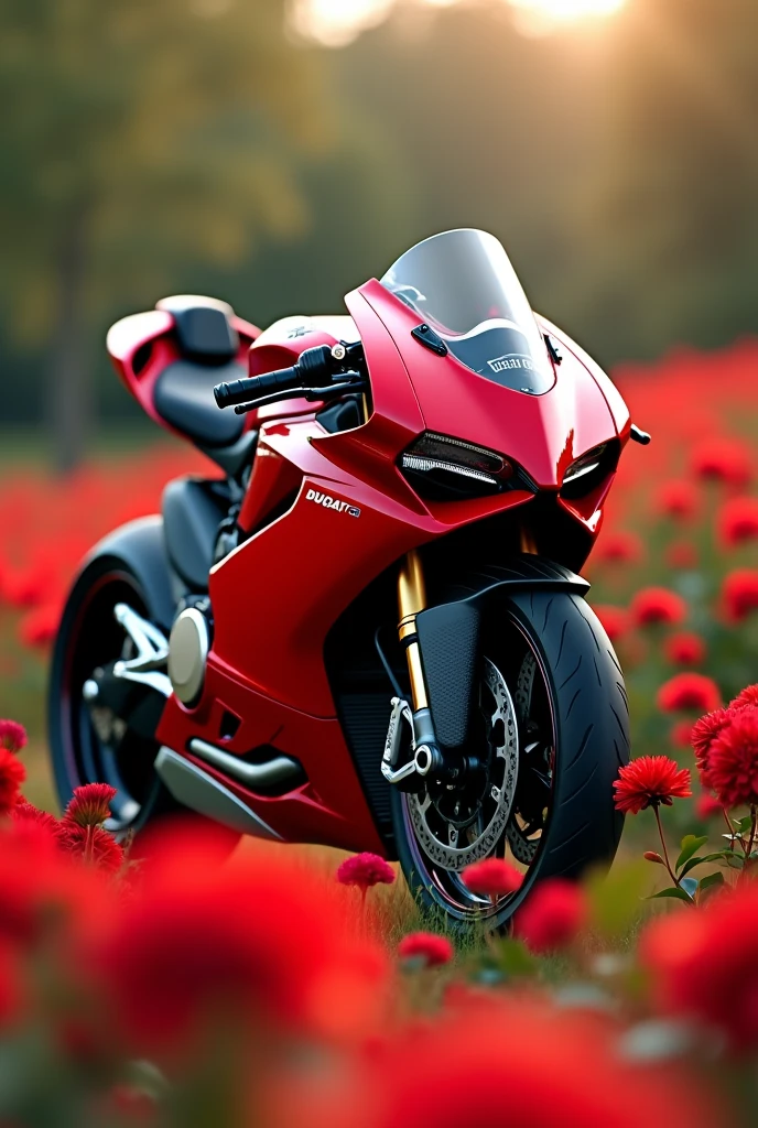 The 8k Red Ducati panigale v4 in middle of red flowers plant