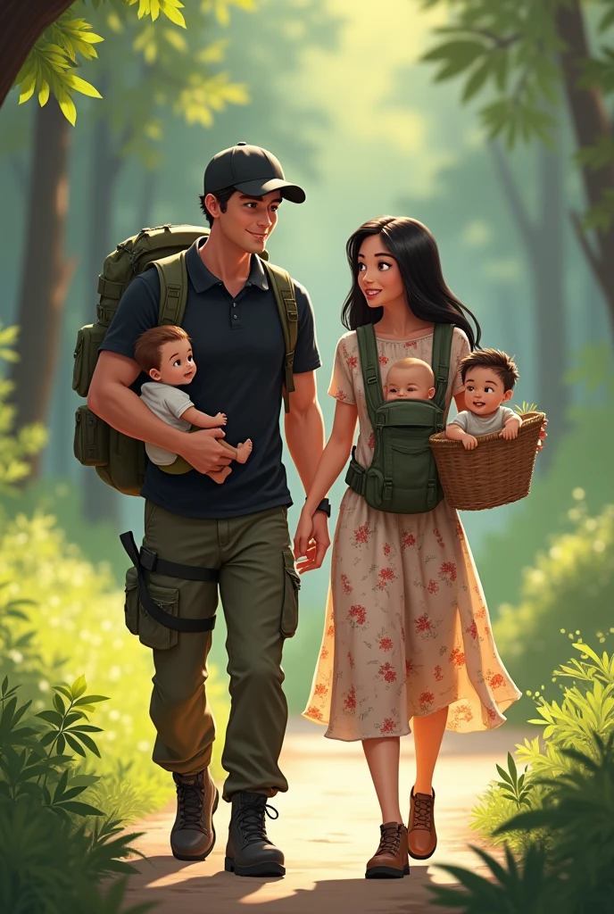 create a couple: a young and attractive dad, grayish eyes, with a black cap, black polo shirt, Cargo pants with tactical boots, backpack on his back with baby stuff,  a front baby carrier with a baby, In one of her hands a basket with another baby. His wife is at his side.,  a young woman with black hair,straight and long, attractive, wearing a floral dress, Carrying a basket with a baby and a forest in the background.