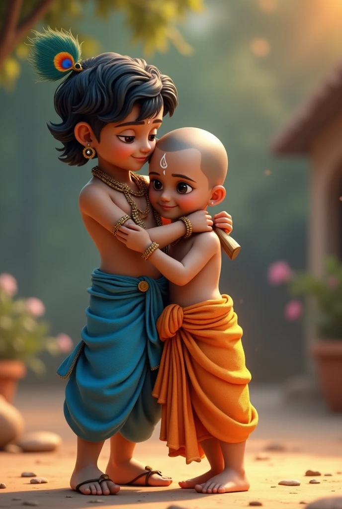 Create a 3D image of Krishna and his friend Sudama, where 7-year old Krishna is standing and hugging his friend Sudama and caressing his head. Sudama has no hair on his head and a tilak on his forehead. Sudama is wearing a saffron coloured dhoti and Krishna is wearing a blue coloured dhoti. He has a peacock feather on his head and a flute in his hand. The background is blurred.