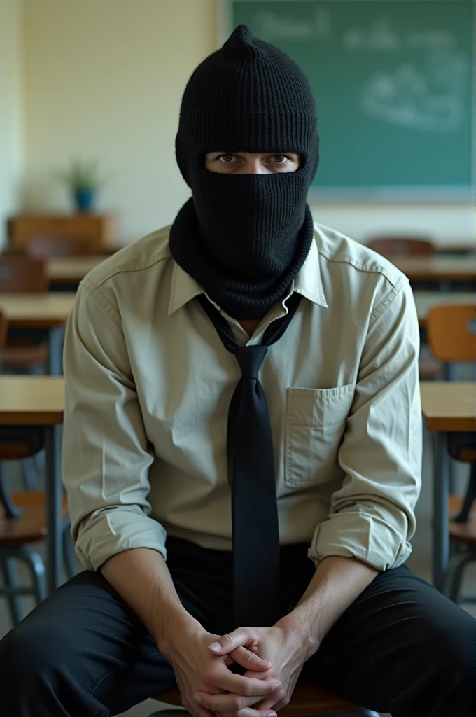 White high school student, high, fit, dressed in a scruffy shirt and tie, Black pants. The student has a black balaclava. Sitting in a classroom