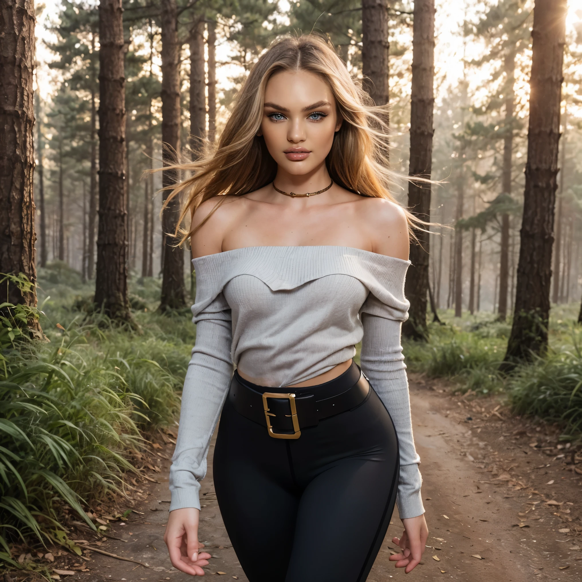 (Best Quality), (ultra-detailliert), (master piece), (hight resolution), 16K resolution, 1 woman, 20 years old, Candice Swanepoel, looking at viewer, close up shot, view from above, sassy smile, radiant smile, seductive, lustful facial expression, confident, black tight-fitting turtleneck, tight blue jeans, tight-fitting belt with golden buckle, light blue eyes, ((bright blue eyes)), blond hair, hair tied back, (beautiful and detailed face), slender waist, thin body, narrow shoulders, outside, german forest, oak forest, in the middle of the forest, misty mounatins in background, sunrise, sunshine