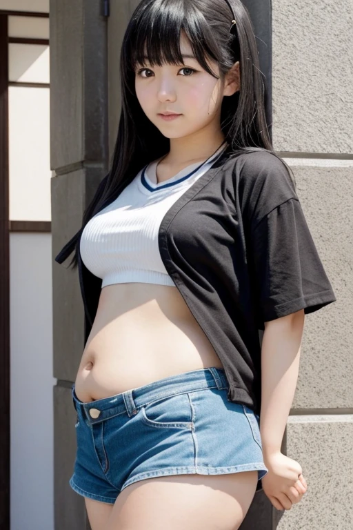 Japanese high school girl、、Black Hair、Chubby belly、