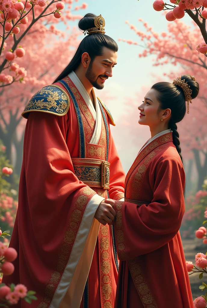 A young emperor around 20 years old, dressed in royal attire from the 2nd century. He is standing in a peach garden, with a treacherous minister flattering him. The emperor's expression is smug and self-satisfied, clearly enjoying the praise. His clothing is regal, featuring ornate designs and luxurious fabrics, while the minister's attire is more modest but still elaborate. The background shows a lush peach garden in full bloom, with delicate blossoms and greenery enhancing the scene