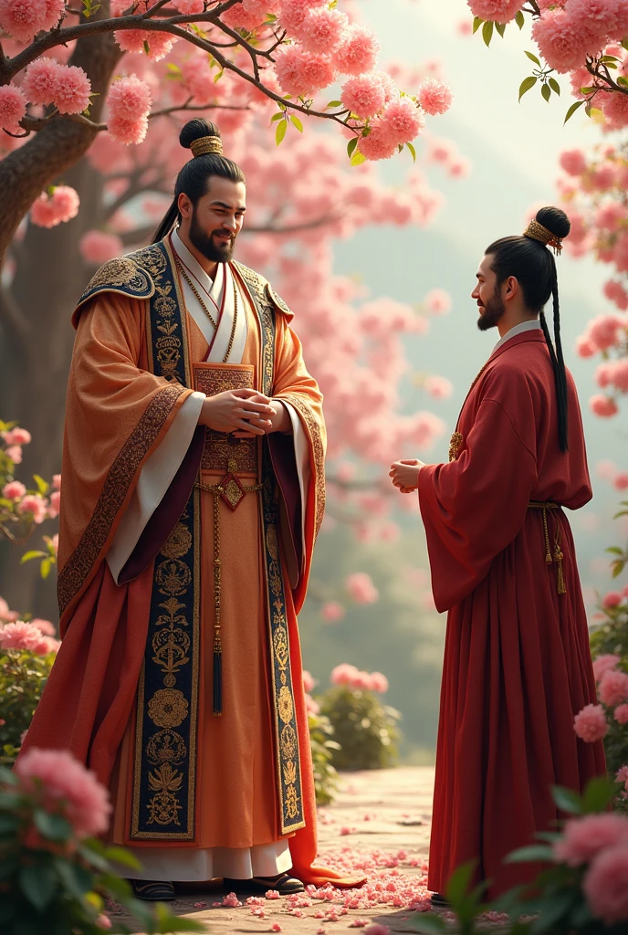 A young emperor around 20 years old, dressed in royal attire from the 2nd century. He is standing in a peach garden, with a treacherous minister flattering him. The emperor's expression is smug and self-satisfied, clearly enjoying the praise. His clothing is regal, featuring ornate designs and luxurious fabrics, while the minister's attire is more modest but still elaborate. The background shows a lush peach garden in full bloom, with delicate blossoms and greenery enhancing the scene
