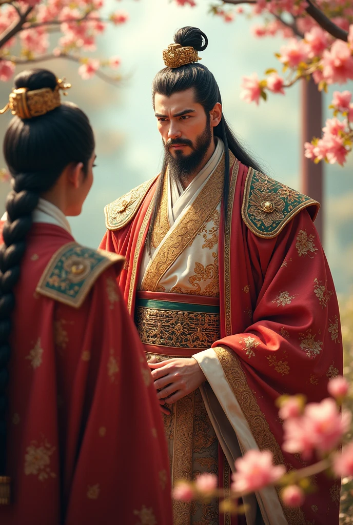 A young emperor around 20 years old, dressed in royal attire from the 2nd century. He is standing in a peach garden, with a treacherous minister flattering him. The emperor's expression is smug and self-satisfied, clearly enjoying the praise. His clothing is regal, featuring ornate designs and luxurious fabrics, while the minister's attire is more modest but still elaborate. The background shows a lush peach garden in full bloom, with delicate blossoms and greenery enhancing the scene