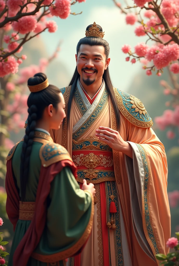 A young emperor around 20 years old, dressed in royal attire from the 2nd century. He is standing in a peach garden, with a treacherous minister flattering him. The emperor's expression is smug and self-satisfied, clearly enjoying the praise. His clothing is regal, featuring ornate designs and luxurious fabrics, while the minister's attire is more modest but still elaborate. The background shows a lush peach garden in full bloom, with delicate blossoms and greenery enhancing the scene