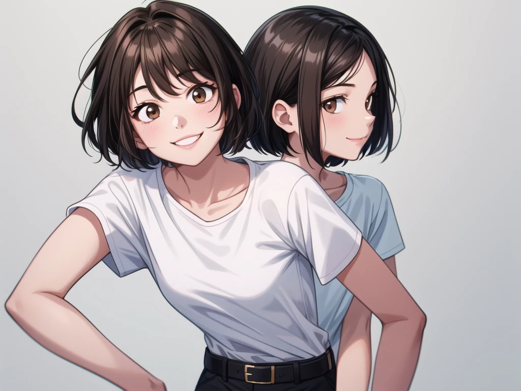 Only one 17 years girl with black short hair ,and brown eyes, and white t-shirt with no logo or no text, and black pants with no belt. The white t-shirt is not in the pants. she is smiling and looking at me. background is plain white. upper body.