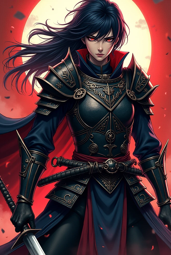 Create an image of a fierce warrior depicted in Tokyo ghoul anime style. The warrior should have a determined expression, with sharp, intense eyes and a strong, confident pose. Outfit the warrior in detailed, traditional armor, including a flowing cape and ornate, battle-worn details. The color palette should feature bold, vibrant colors with high contrast, and the background can include dramatic action lines or effects to emphasize the warrior's energy and strength.