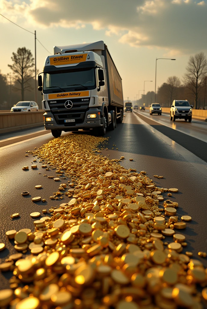 A photo of an overturned truck on a highway, with gold biscuits and jewelry scattered across the road. People are seen carrying away the gold. The truck is from a gold refinery, with the logo "Golden River Refinery" visible on the side. The background reveals a busy highway with multiple vehicles.