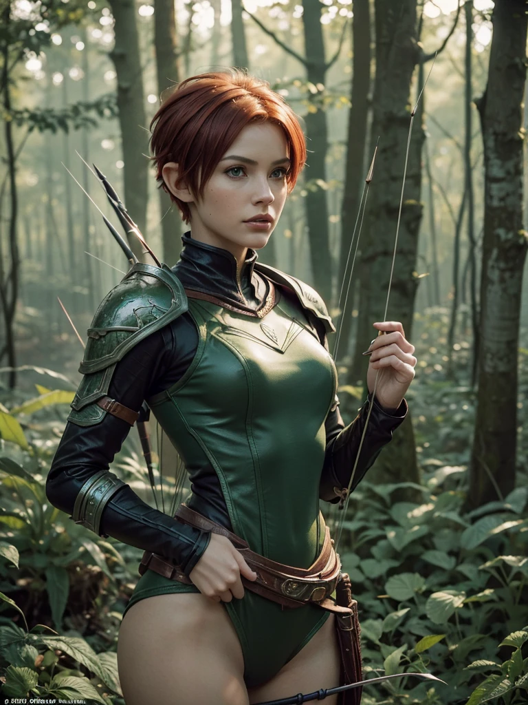 slim feminine figure, redhead, best quality, realistic skin texture, photography, film grain texture and high contrast, extremely high-resolution details, photographic, photorealistic, hyper-realistic, HDR, masterpiece, ((short pixie hair)), dressed up as a hunter from world of warcraft, green full elven armor, bow and arrows, a green lust forest in the background