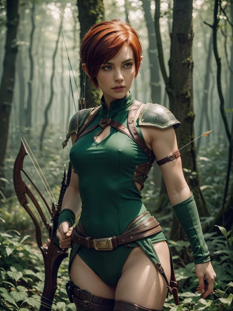 slim feminine figure, redhead, best quality, realistic skin texture, photography, film grain texture and high contrast, extremely high-resolution details, photographic, photorealistic, hyper-realistic, HDR, masterpiece, ((short pixie hair)), dressed up as a hunter from world of warcraft, green full elven armor, bow and arrows, a green lust forest in the background