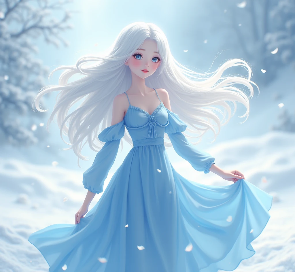 anime girl with long white hair and a blue dress in the snow, white haired deity, white hair floating in air, anime fantasy illustration, flowing white hair, beautiful young wind spirit, beautiful fantasy anime, shiny and flowing hair, ethereal anime, beautiful anime works, beautiful digital art, anime fantasy artwork, ((a beautiful fantasy empress)), 2. 5 d cgi anime fantasy artwork