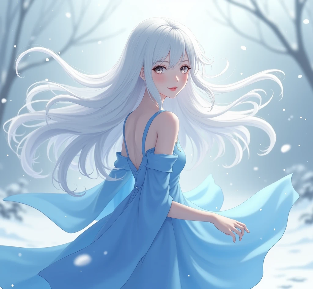 anime girl with long white hair and a blue dress in the snow, white haired deity, white hair floating in air, anime fantasy illustration, flowing white hair, beautiful young wind spirit, beautiful fantasy anime, shiny and flowing hair, ethereal anime, beautiful anime works, beautiful digital art, anime fantasy artwork, ((a beautiful fantasy empress)), 2. 5 d cgi anime fantasy artwork