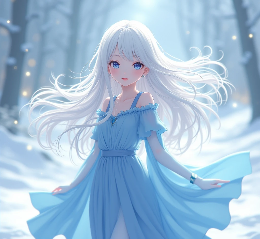 anime girl with long white hair and a blue dress in the snow, white haired deity, white hair floating in air, anime fantasy illustration, flowing white hair, beautiful young wind spirit, beautiful fantasy anime, shiny and flowing hair, ethereal anime, beautiful anime works, beautiful digital art, anime fantasy artwork, ((a beautiful fantasy empress)), 2. 5 d cgi anime fantasy artwork