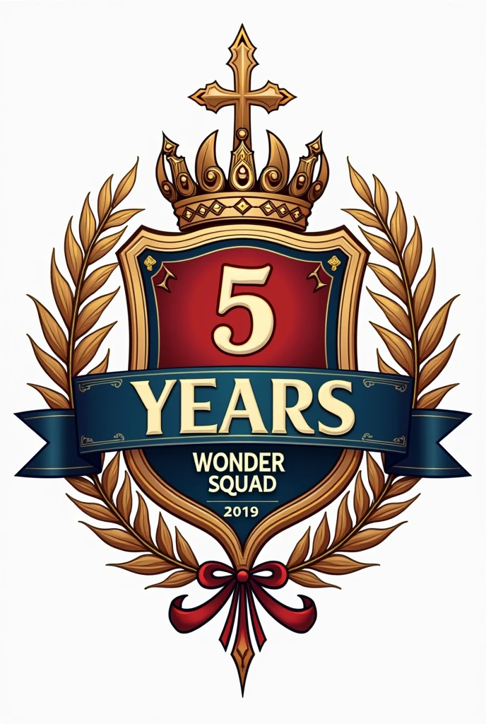 Generar logo de una promoción de secundaria que cumplió 5 years de haber egresado. The promotion is called wonder squad.
No WONDER SQUAD characters (It has to be in the logo)
2019 (It has to be in the logo)
5 years (It has to be in the logo)
Give it a more imperial touch like the coat of arms of Peru Add a cross of the Christian religion Also add the phrase SIT VOLUNTAS DEI