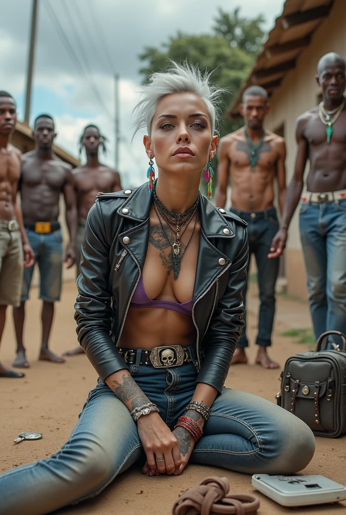 russian milf woman, grey hair (pouf, and top bun and shaved sides) and oversized square maxi sunglasses as headband, with very light blue eyes, extremely pale. Wearing aged black cropped moto jacket with padded shoulders with lots of zippers and pins; purple tight push up bra, skinny aged low rise blue jeans and dirty white tennis sneakers. Visible purple thong straps. Dirty knees and dusty hands. Lots of metallic bracelets, lots of boho pendants and lots of colourful beads collars. Tacky wide studded leather belt with oversized skull and bones buckle. Long boho earrings with colourful feathers. Kneeling like in a payer, looking up, chin up, stretching her neck , humble facial expression. Hands on her knees, showing off bracelets and rings. studded black leather tote bag with chains on the floor, next to her.. Listening in amazement to somebody speaking to her, well toned abdominals, thin neck, slim legs and thin arms. Tattoed heavily on chest and hands. Dirt street in Kenian village full of waste. A lot of tanned shirtless fat men in jeans around looking at her. next to her, all her belongings scattered on the floor: makeup kit, little makeup mirror, studded black leather tote bag, lipstick, wallet, moble etc on the floor