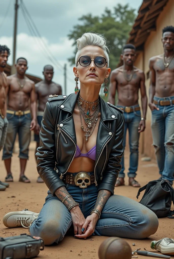 russian milf woman, grey hair (pouf, and top bun and shaved sides) and oversized square maxi sunglasses as headband, with very light blue eyes, extremely pale. Wearing aged black cropped moto jacket with padded shoulders with lots of zippers and pins; purple tight push up bra, skinny aged low rise blue jeans and dirty white tennis sneakers. Visible purple thong straps. Dirty knees and dusty hands. Lots of metallic bracelets, lots of boho pendants and lots of colourful beads collars. Tacky wide studded leather belt with oversized skull and bones buckle. Long boho earrings with colourful feathers. Kneeling like in a payer, looking up, chin up, stretching her neck , humble facial expression. Hands on her knees, showing off bracelets and rings. studded black leather tote bag with chains on the floor, next to her.. Listening in amazement to somebody speaking to her, well toned abdominals, thin neck, slim legs and thin arms. Tattoed heavily on chest and hands. Dirt street in Kenian village full of waste. A lot of tanned shirtless fat men in jeans around looking at her. next to her, all her belongings scattered on the floor: makeup kit, little makeup mirror, studded black leather tote bag, lipstick, wallet, moble etc on the floor