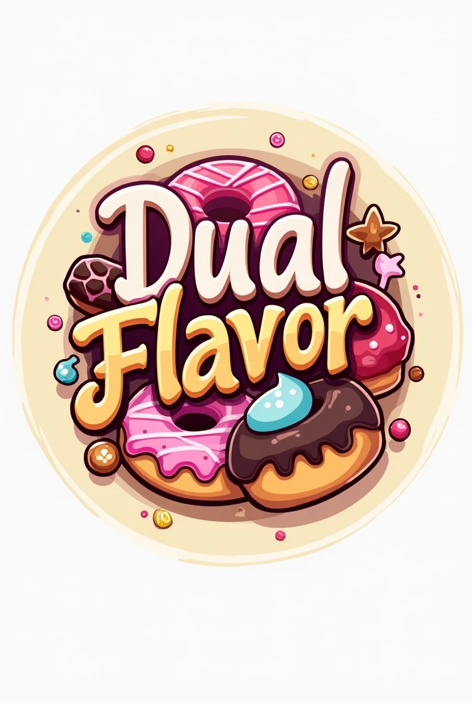 A logo for a business that is called the business is about sweet things like donuts, pastries and salty things like. Gummies with spice and chamoy that appear as a mix of products and that have a large title DUAL FLAVOR with the slogan below that is SWEET OR SALTY, YOU DECIDE