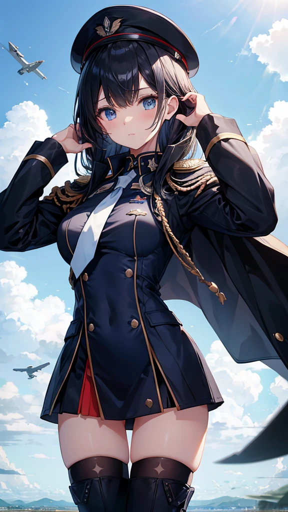 Commander Woman、beautiful、Near future、upright、Salute with your right hand、Left hand lowered、White military uniform、Black Cape、Black Mini Tight Skirt、Black military boots、Black Stockings、Black Hair、(Deep blue eyes、beautiful二重)、thin black tie、Slender body、Black Beret、Wings Medal、Rank insignia on shoulder、He has a gun、(Blue sky and white clouds on background、Fighter plane in the background)