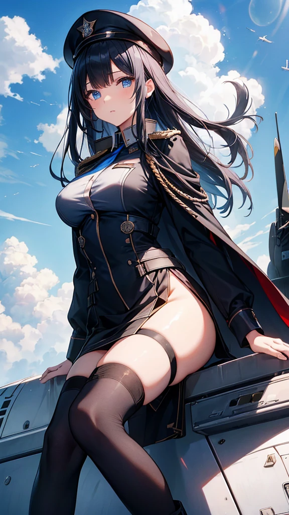 Commander Woman、beautiful、Near future、upright、Salute with your right hand、Left hand lowered、White military uniform、Black Cape、Black Mini Tight Skirt、Black military boots、Black Stockings、Black Hair、(Deep blue eyes、beautiful二重)、thin black tie、Slender body、Black Beret、Wings Medal、Rank insignia on shoulder、He has a gun、(Blue sky and white clouds on background、Fighter plane in the background)