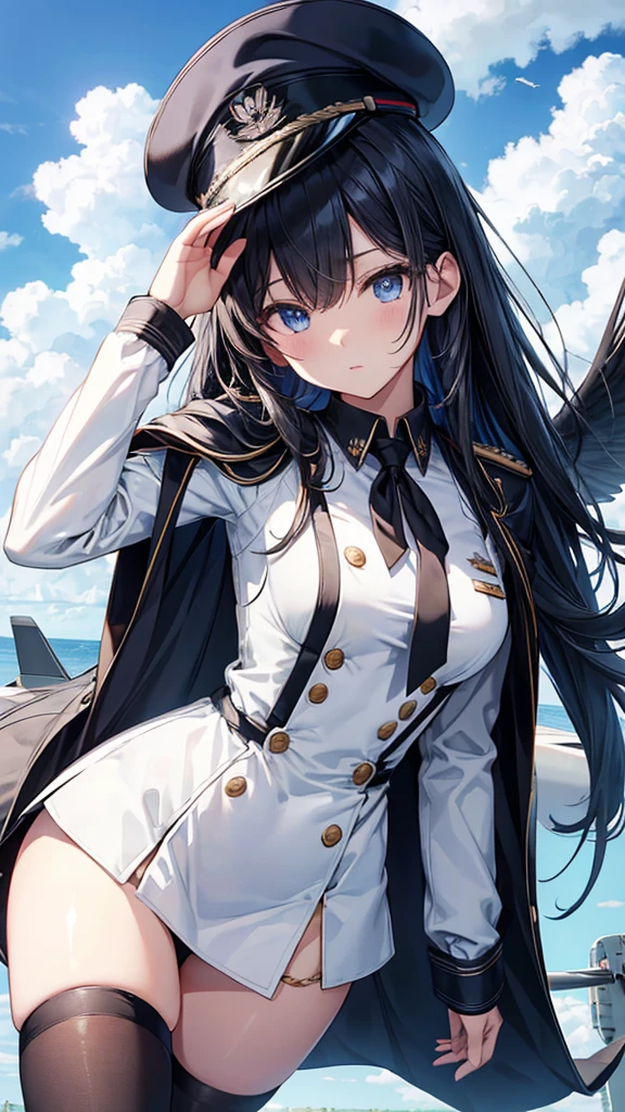 Commander Woman、beautiful、Near future、upright、Salute with your right hand、Left hand lowered、White military uniform、Black Cape、Black Mini Tight Skirt、Black military boots、Black Stockings、Black Hair、(Deep blue eyes、beautiful二重)、thin black tie、Slender body、Black Beret、Wings Medal、Rank insignia on shoulder、He has a gun、(Blue sky and white clouds on background、Fighter plane in the background)