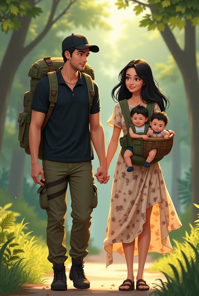 create a couple: a young and attractive dad, grayish eyes, with a black cap, black polo shirt, Cargo pants with tactical boots, backpack on his back with baby stuff, a front carrier with a baby one of her hands a basket with another baby. His wife is at his side., a young woman with black hair,straight and long, attractive, wearing a floral dress, Carrying a basket with a baby andorest in the background.