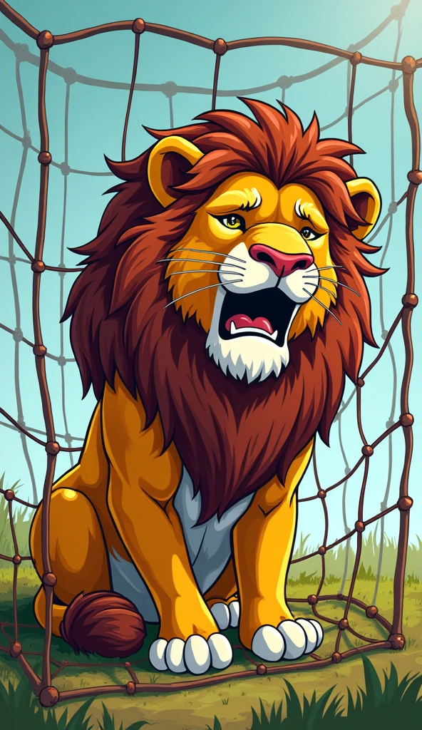 The lion struggles in a hunter’s net, looking very sad. Show the rectangle net complete on lion .
Show as cartoons