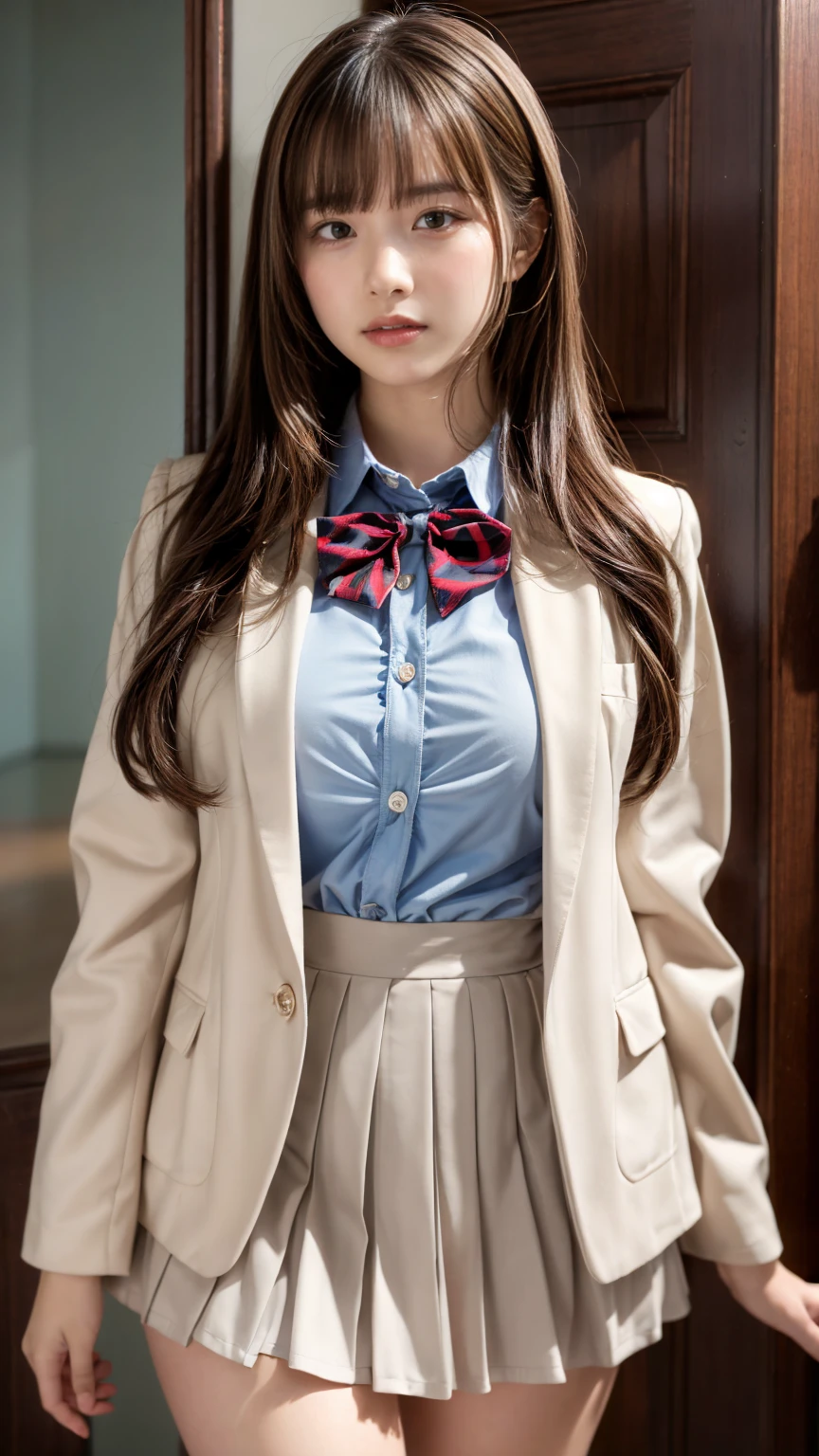 (((SFW))), (1.FEMALES, 独奏), 8k, ((masutepiece)),(((top-quality))),((Ultra-detailed)),((((Realistic)))), Photorealsitic:1.37, (A hyper-realistic), (illustratio), (hight resolution), (ighly detailed), (The best illustrations), (Ultra-detail), (wall-paper), (Detailed face), (Beautiful expression), ((Details Top quality skins:1.2)), ((Reddish blush)), (hyper detailed background, Detailed background), Arya, Long hair, Blue eyes, Ahoge, Bow, Looking at Viewer, Red bow, Jacket, bowtie, Long sleeves, breasts, Shirt, Open jacket, red bowtie, door, Cowboy Shot, Collared shirt, Indoors, School uniform, White hair, Standing, Open your clothes, Skirt, bangs, Dress, Grey jacket, Black Dress, blush, Pleated skirt, Parted lips, medium breasts, pleated dress, White shirt, hair between eye, White jacket, Hand up, blazer, Black skirt, thighs thighs thighs thighs, Open door, hallway