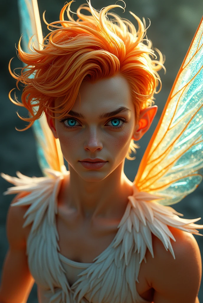 An adult fairy prince with fiery orange hair with white highlights, who is about 30 years old. he has blue eyes, blue-orange shimmering wings. He grins.