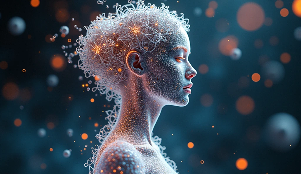 A digital artwork of a female figure composed of intricate geometric lattice structures, molecular formations, and crystalline interference patterns. The artwork is a blend of 3D render, painting, and conceptual art. The feminine figure's silhouette is a complex amalgamation of various crystallographies, including diamond lattices, DNA double helix spiral motifs, and quasicrystal fractal ornaments. Her "molecular skin" reveals minute details of Van der Waals forces, covalent bonds, and atomic extensions of different elements, with areas transforming and metamorphosing continuously. The entire realm is infused with a dynamic force field of Miller indices, Bragg planes, and scattering vectors.