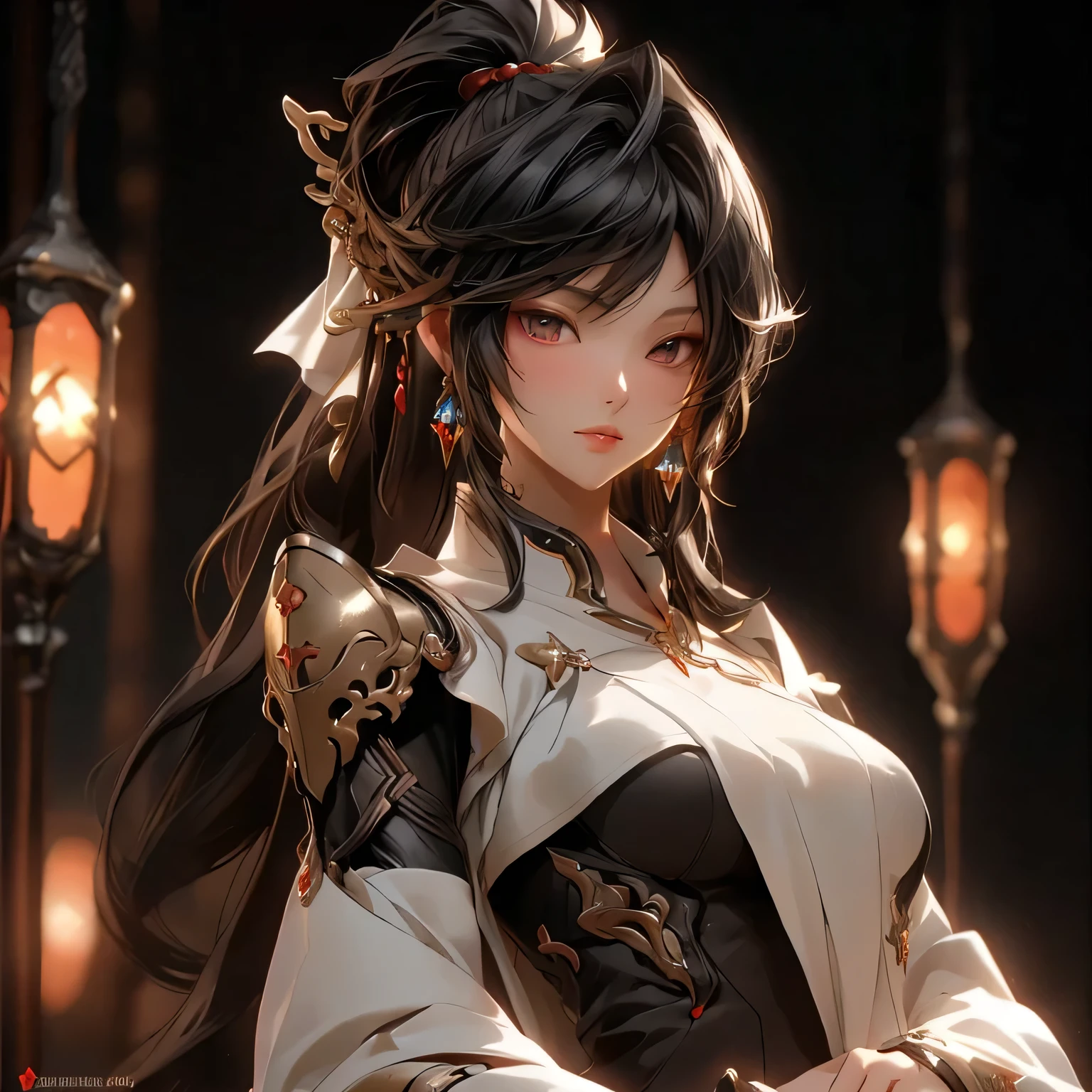 (best quality)), ((Masterpiece)), (details:1.4), 3d, HDR (high dynamic range), an image of a beautiful cyberpunk female, fantasy, Black hair, High ponytail, Golden eyes, จมูกโด่ง, ปากแดง, หน้าอกใหญ่, nvidia RTX, PBR surface, After processing, Anisotropic filtration,depth of field, Maximum clarity and clarity, multi-layered surface, Subsurface scattering, perfect proportions, 8K raw files, ultra detailed, Perfect proportions, volumetric lighting, soft lighting, Holy Paladin, Heavy Red Armor, glossy skin, castle background, jewely, ต่างหู, นิ้วมือสมบูรณ์,