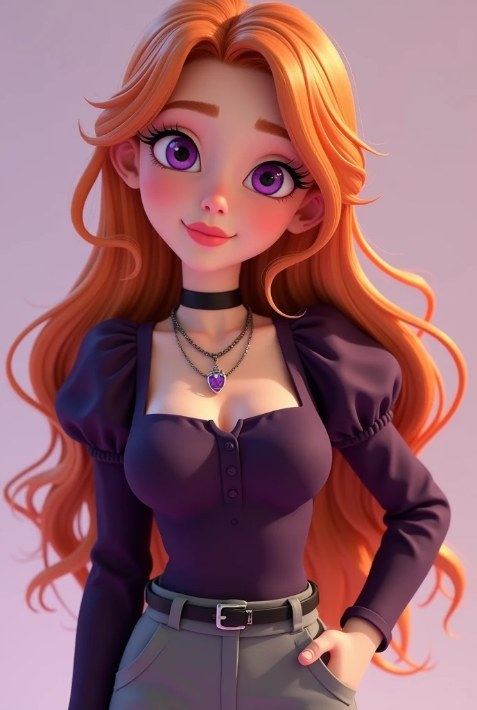 Vanessa is a very beautiful fifteen-year-old girl with snow-white skin, She has long, wavy, bright light orange hair that is usually styled half up with two strands falling down her beautiful face.,She has almond-shaped eyes, a light lilac purple color., her face is heart-shaped and she has a small nose and salmon pink lips, She wears a dark purple tight-fitting long-sleeved shirt with puffed arms and a square cut at the top of the chest but without being low-cut, in addition to wearing three necklaces., He is wearing smart grey trousers with a thin black leather belt and black ankle boots..((3D style)) ((Style Miraculous ladybug)).