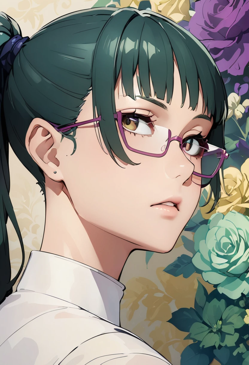 Zenin Maki with green hair and glasses, fine details. best anime 4k konachan wallpaper, beautiful anime portrait, stunning anime face portrait, detailed portrait, The background is a vintage floral-patterned wallpaper that complements the artwork's colors. The line work is precise, with delicate shading that gives the illustration a 3D quality, ornate floral background, with green flowers, 
