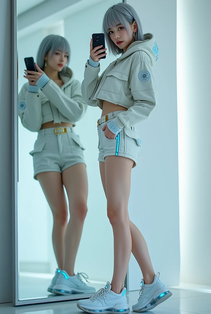 highly detailed, beautiful, hyper Realistic girl, masterpiece, best quality, Depict a mysterious and sophisticated beautiful Japanese gravure model,, 28-years-old, identity hidden, all body shot, / gray arranged hair, small head, Detailed face, cute and Pretty slim face, wide Duck mouth, perfect beautiful Tooth, arranged gray hair, shiny eyes, blue-colored eyes, Realistic skin, Detailed face, / Here’s a chic and futuristic costume design based on a cyberpunk jogger theme:
Top: A white cropped over sized jacket with luminescent blue circuitry patterns and silver badges, blending cyberpunk and authority. The jacket features a high collar and zippered front for a sleek look.
Bottoms: Slim, high-waisted short Leggings with striped Knee-high socks, zettai ryouiki, holographic side stripes, and functional cargo pockets, offering both style and utility.
Footwear: white, sleek Sneaker with neon blue soles and reinforced ankles, ensuring both durability and a cutting-edge appearance.
Accessories: A minimalistic belt with gold buckles, matching gold earrings, and LED-enhanced gloves, all exuding a powerful and authoritative presence. //// simple white single room, gray frame mirror, complicated background /// takes a selfie in her room using a smartphone in front of a mirror with one hand, standing and fashion model Posing, all body below shot, looking away from the camera,