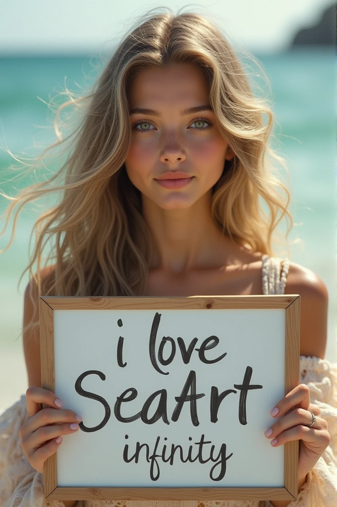 Beautiful girl with wavy long hair, bohemian dress, holding a white board with text "I Love Seaart Infinity" and showing it to the viewer