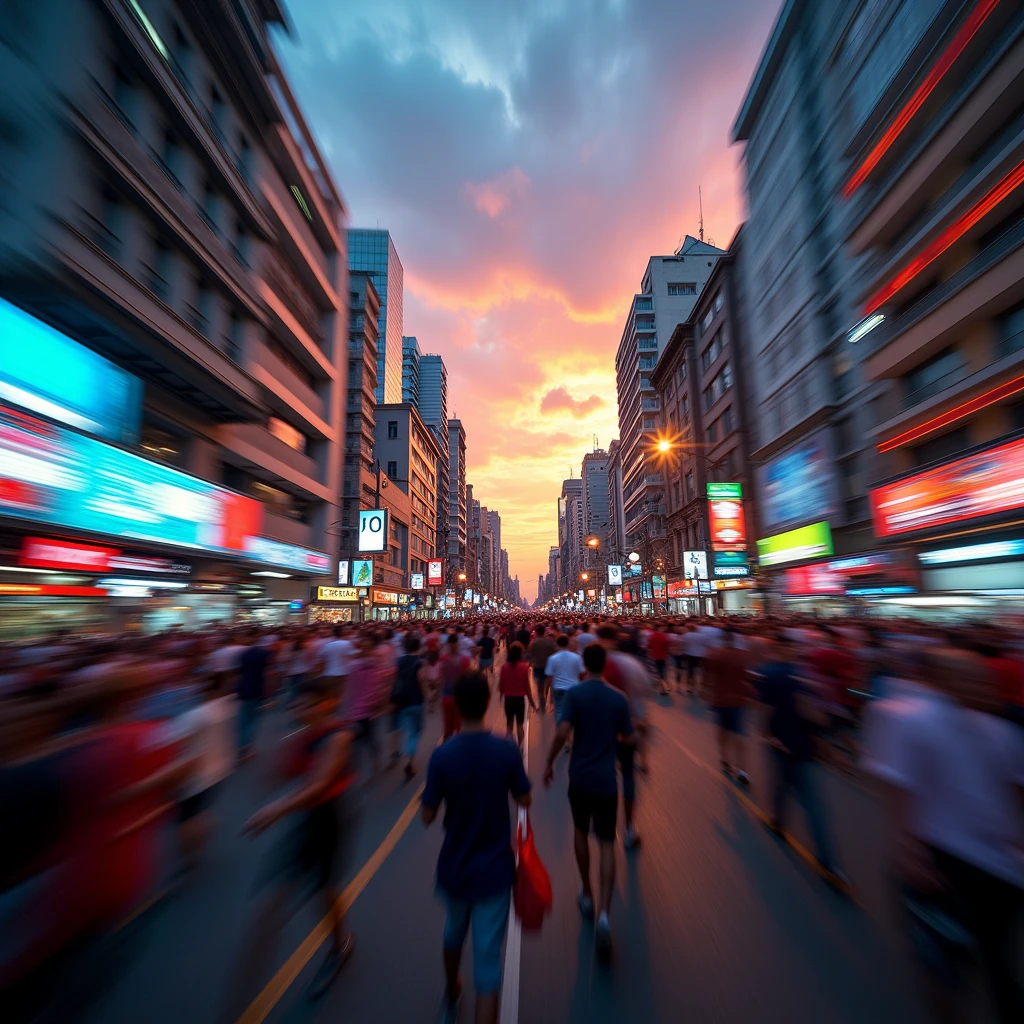 "A dynamic hyperlapse capturing the energy and excitement of daily life, featuring a lively urban scene transitioning from day to night. The video should showcase fast-paced movement through vibrant city streets, iconic landmarks, and bustling crowds, ending with a stunning sunset or night skyline. The overall feel should be energetic, engaging, and reflective of the everyday adventure that resonates with the spirit of your entertainment and vlog content." Look like Bangladesh people