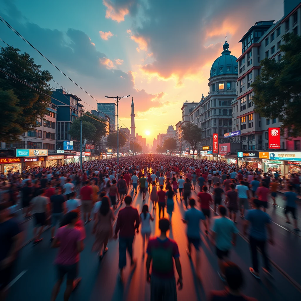 "A dynamic hyperlapse capturing the energy and excitement of daily life, featuring a lively urban scene transitioning from day to night. The video should showcase fast-paced movement through vibrant city streets, iconic landmarks, and bustling crowds, ending with a stunning sunset or night skyline. The overall feel should be energetic, engaging, and reflective of the everyday adventure that resonates with the spirit of your entertainment and vlog content." Look like Bangladesh people 